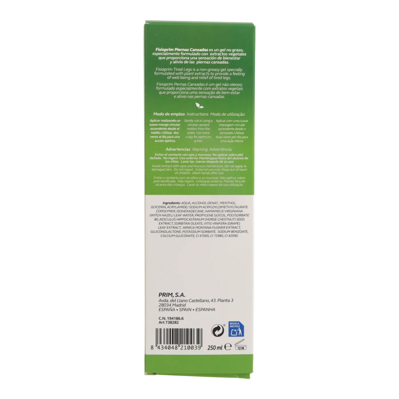 FISIOPRIM GEL PIERNAS CANSADAS 250 ML - Imagen 2